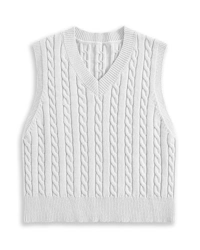 Locachy Women's Vintage Loose V Neck Sleeveless Cable Knit Preppy Style Pullover Sweater Vest White -M