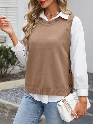 Image of ANRABESS Womens Sweater Vest Summer Sleeveless Crewneck Ribbed Knit Side Button Loose Pullover Tank Tops 2026 Fall Outfits