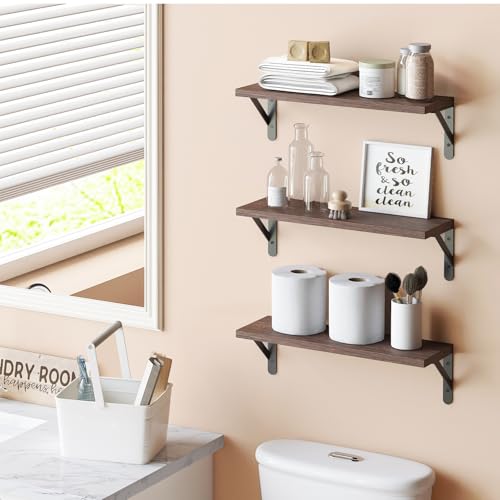 Image of YGEOMER Brown Floating Shelves for Wall, 16.5 Inch Farmhouse Wall Shelves for Bedroom, Bathroom Storage, Living Room and Kitchen Decor (Set of 6 Brown)