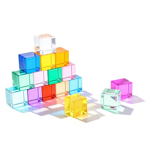 Image of Meooeck 16 Pcs Colored Acrylic Cube Gem Blocks with Wooden Storage Box, Translucent Rainbow Building Stacking Sensory Train Prims Toys for Toddler Kids Montessori School Classroom Supplies