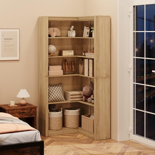 GarveeHome Corner Bookshelf, 71.8'' Farmhouse Corner Bookcase, L-Shaped Bookshelf Large Bookcase, 5 Tier Display Shelf Heavy Duty Bookcases, Bookshelves with Storage (Light Wood)