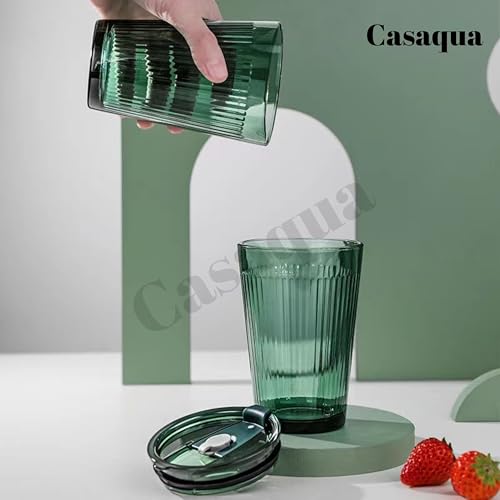 Image of Premium Ribbed Drinking Glass Tumbler with Lid & Straw - 450ml, Set of 1, Reusable Green Minimalist Mug for Iced Coffee, Juice, Smoothies & Cold Beverages, Leak-Resistant Travel Cup