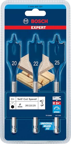 Bosch 3x Coffret de mèches plates EXPERT Self Cut Speed (pour Bois résineux, Panneau aggloméré, Ø 20,0, 22,0, 25,0 mm, Professional Accessoire Perceuses)