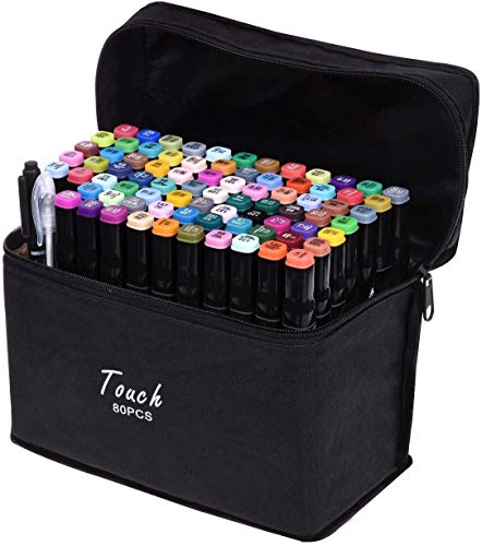 Chfine Art Markerpen Set - 80 Colors Dual Tip Permanent Sketch Markers - Ideal for Artists Adults Kids Drawing Coloring Crafts Gifts -Color Card- Carry Case for Storage and Travel