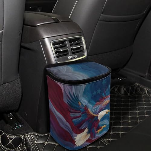 Image of Talayituse Eagle American Flag Print Car Trash Bin, Large Size Auto Trash Can Adjustable Portable Garbage Can with Lid, Vehicle Hanging Bag for Headrest Front Back Seat 4th of July Decor
