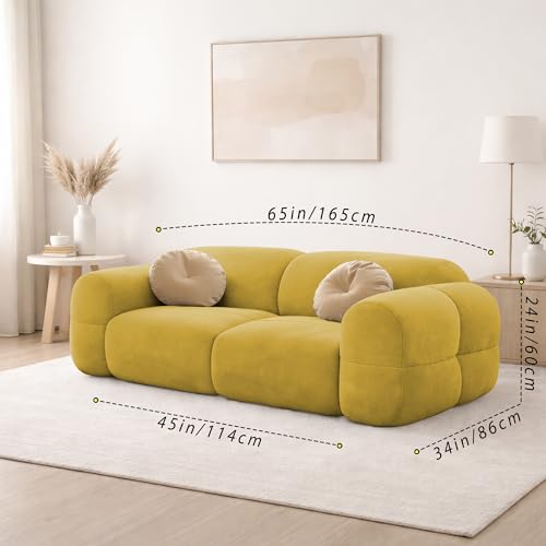 Image of Casaliving Vetras Modern Velvet Bubble Cloud Sofa, Tufted Design Upholstered 2 Seater Sofa Set for Living Room, (Yellow Colour) Premium Velvet Fabric Sofa