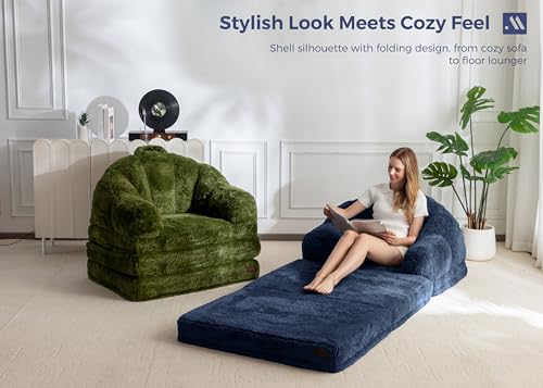 Image of MAXYOYO Folding Sofa Bed, 2 in 1 Convertible Sofa to Lounger Comfy Single Bean Bag Chair for Adults, Floor Couch with Handle, Faux Fur Couch Bed for Living Room Bedroom, Navy