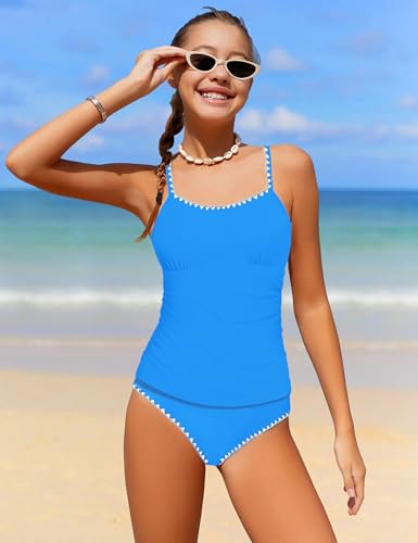 Image of Girls Swimsuit Solid Color Tankini Contrast Trim Swimwear 2 Piece Bathing Suit Padded Swimsuits for Teens 9-16Y