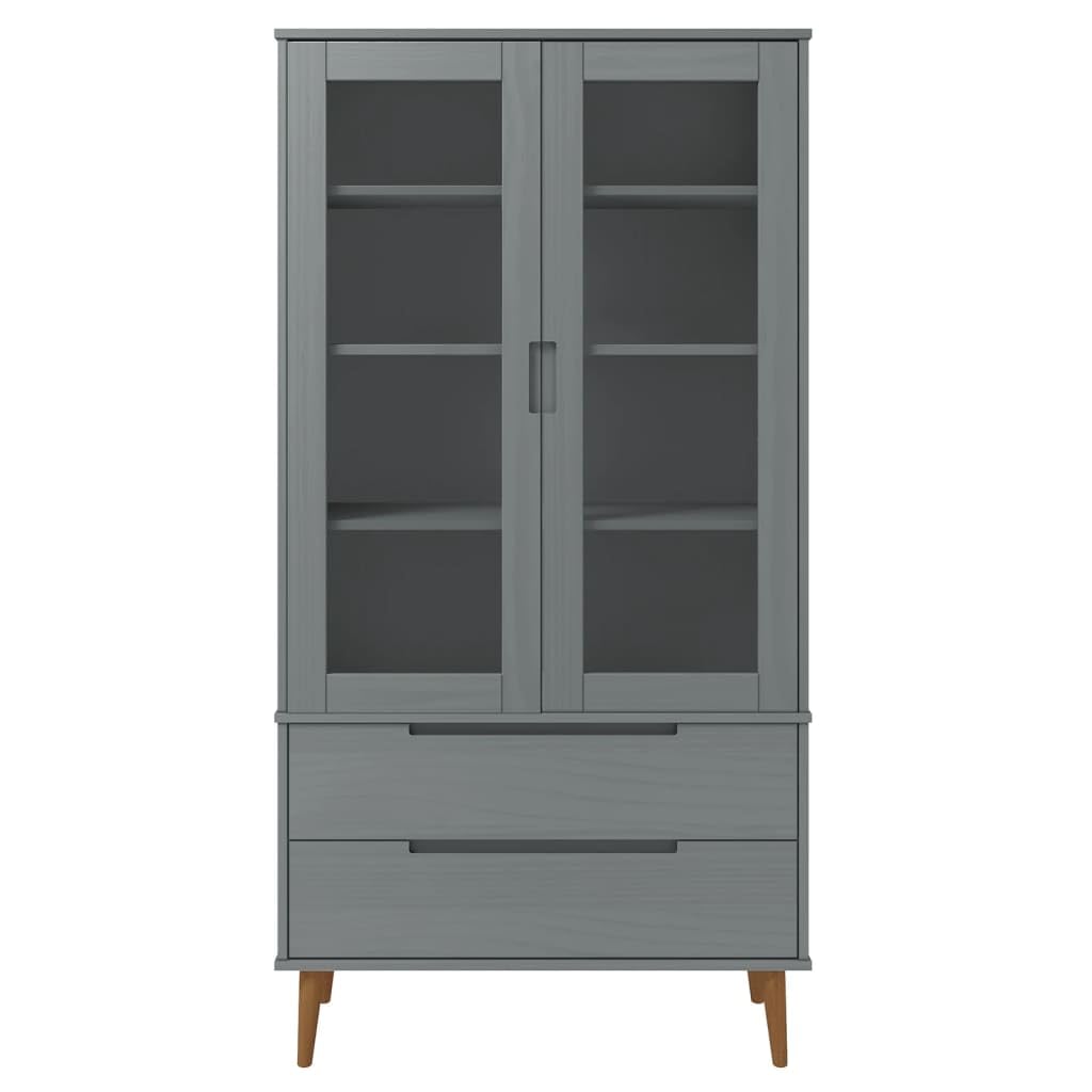 vidaXL Vitrinenschrank, Vitrine mit 2 Schubladen 4 Fächern, Bücherregal mit UV-Lackierung, Bücherschrank Schrank Büroschrank, Grau Massivholz Kiefer