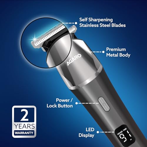 Image of AGARO Royal Multi Grooming Kit For Men, 9in1, Shave| Trim | Style, Face Head Body Trimmer, Self Sharpening Stainless Steel Blade, 5 Combs, Metal Body, Type C Fast Charging, 120 Min Usage, IPX7, Silver