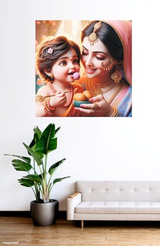 Image of Techgifti Baby Krishna And Yashoda Maa Laddhu Wall Poster for Pooja Room, Office, Kids Room (Size- 46CM X 46CM)