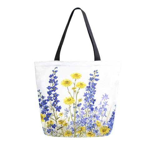 Extra Large Shoulder Tote Bag for Beach Travel Weekender Gym Watercolor Wildflowers Yellow Blue Flowers Reusable Grocery Canvas Shopping Bag2