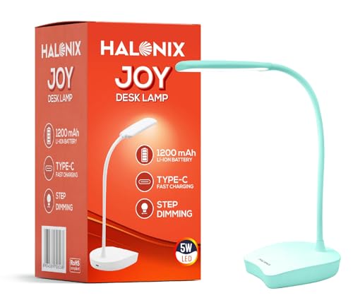Image of Halonix Joy Rechargeable Desk Lamp with C-Type Charging | LED Study Table Lamp with Step Dimming | Li-ion Battery | Portable Eye-Care Light for Study, Work & Home Use