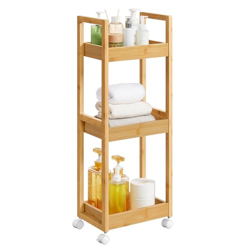 SONGMICS Carrito de Baño, Estantería de Baño, Carrito de Almacenaje de 3 Niveles, Bambú, Estantería Estrecha con Ruedas, Ahorro de Espacio, 20 x 30 x 80 cm, Beige Natural BCB083N01