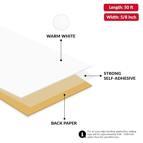 Image of White PVC 5 /8 inch x 50 ft Edge Banding Tape Peel Stick Adhesive Edging Veneer Trim Flexible Vinyl Strip Molding Wood Cabinet Laminate Shelf Furniture Countertop Formica Plywood Board Repair