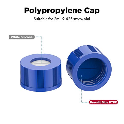Membrane Solutions 2mL Autosampler Vials, 9-425 GC/HPLC Clear Vials with Write-on Spot and Graduations, 9mm Blue ABS Screw Caps & Septa, 100 Pcs
