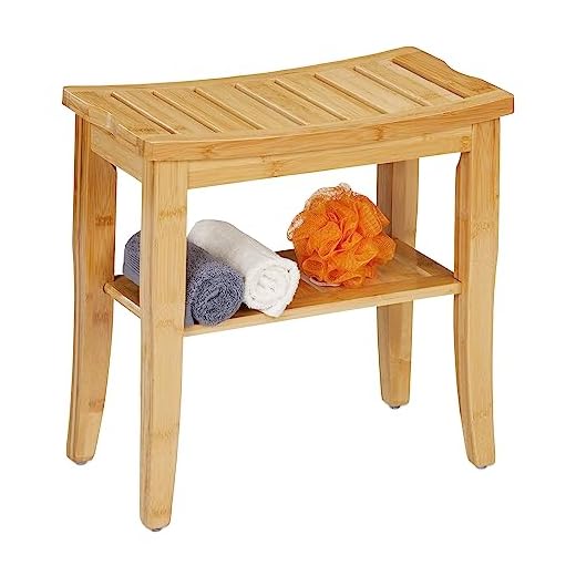 Relaxdays Badhocker Bambus, HxBxT: 45,5 x 48 x 25 cm, Traglast: 150 kg, Antirutsch-Füße, Sitzhocker mit Ablage, Natur