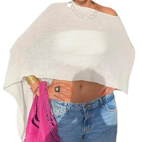 Nicoxijia Women Y2K Sheer Knit Poncho Top Lightweight Summer Beach Knit Shrug Shawl Bolero Off Shoulder Mesh Sweater Cover Up (White ONE SIZE)