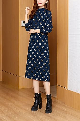 LAI MENG FIVE CATS Women's Fall Casual Long Sleeve Knitted Stretch Pullover Sweater Elegant Midi Dress4