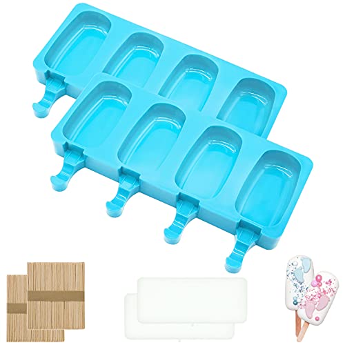 2 Pcs Moule à Glace en Silicone, Moulle Magnum Cake, Moule à Crème Glacée, Moule à Dessert avec 2 Couvercles et 100 Bâtonnets en Bois pour Maison Dessert, Jus de Fruits, Crème Glacée (Bleu)