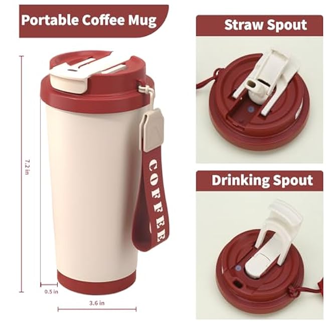 18 oz Insulated Coffee Mug with Straw and Lid, Durable Stainless Steel Coffee Cups with Strap, Reusable Iced&Hot Coffee Tumbler,Portable Coffee Travel Mug for Car, Camping(Retro Red)