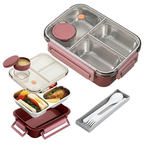Pearyaest Stainless Steel Bento Lunch Box, 3 Compartments, 850ml Container with Lid,Bring Cutlery Box,Sauce jar,Green,Leak Proof,Lunch Containers for Kids Adults to School,Work,and Travel (Pink)