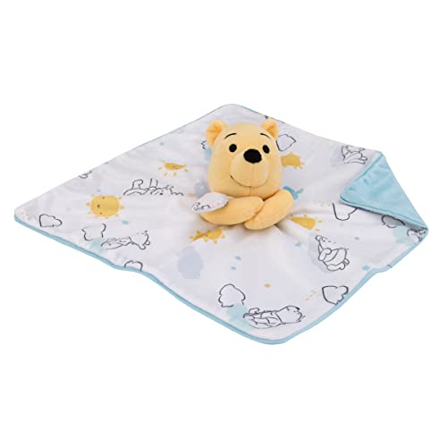 Image of Disney Winnie The Pooh White, Yellow, and Aqua Sunshine and Clouds Super Soft Sherpa Baby Blanket and Security Blanket 2-Piece Set