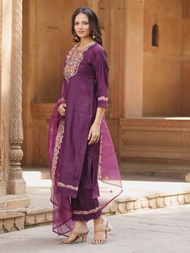 Image of VredeVogel Kurta Set with Dupatta | Viscose Rayon Embroidered Kurta Set for Women | Women's Ethnic Casual Kurti Set |Kurta Pant Festive Suit