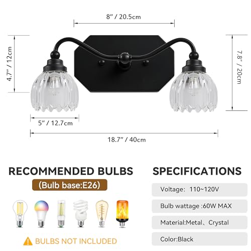 Image of Vintage Bathroom Light Fixtures, 2 Light Bathroom Vanity Light, Black Matte Antique Brass Finish with Crystal Glass Shade, Mid Century Wall Sconces for Bedroom, Living Room, Hallway
