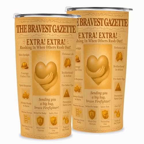 SNUGLYZEN Firefighter Gifts for Men – 20oz Insulated Tumbler with Lid, Retro Newspaper Design, Thank You Brave Firefighter Travel Mug, Stainless Steel Cup, Fire Truck Icons, First Responder Gift by SNUGLYZEN - Used condition - Image 3