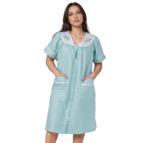 Image of Women's Short Sleeve Woven Snap-Front Closure Striped Embroidery Housecoat Duster Nightgown with Front Pockets