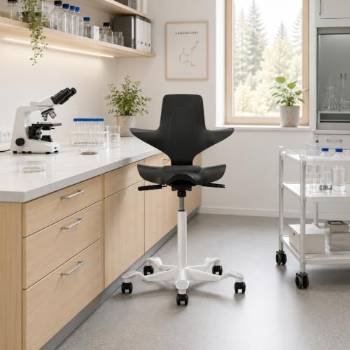 Image of HAG Capisco Puls Sit-Stand-White Base-Black Frame-Black Vinyl Pad