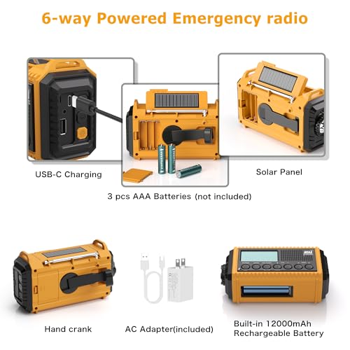 Eoxsmile Emergency Radio 12000mAh with NOAA Weather Alert - Solar/Crank/Battery Powered AM/FM/Shortwave Radio, USB-C Charger, Portable SOS Flashlight for Hurricane, Power Outage, Camping Survival Gear by Eoxsmile - Image 3