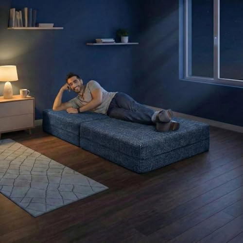 Image of C-Type Sofa Bed 3x6 Ft with Pouffe - Jute Fabric Convertible Floor Sofa Cum Bed with Wide Arm Support for Living Room & Guest Room, Office - Blue Color
