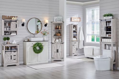 Image of OKD Over The Toilet Storage Cabinet, Farmhouse Storage Cabinet Over Toilet with Sliding Barn Door & Adjustable Shelves, Home Space Saver for Bathroom, Living Room, Antique Brush White