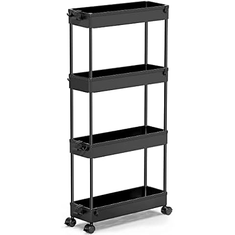 SPACEKEEPER Storage Trolley 4-Tier Slide Out Storage Cart Rolling Utility Cart Storage Shelf Rack on Wheels Trolley Organizer for Office, Kitchen, Bedroom, Bathroom, Laundry Room & Dressers, Black Cover