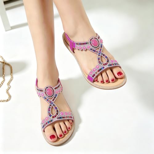 Image of iCKER Womens Rhinestone Strappy Flat Sandals Elastic Ankle Strap Open‑Toe | Sparkling,for wedding,party,evening dates,special occasion,Vacation,Formal