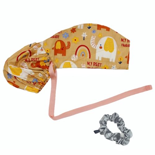 Scrub Cap with Buttons - Cotton Hat with Sweatband, Adjustable Tie Back for Ponytail (Randomly Paired with Hair Ring) (Yellow Elephant)