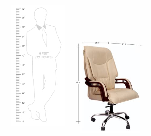 Image of High Back Executive Office Chair with Wooden Armrest | Leatherette Upholstery | Adjustable Height & Revolving Chair | Chrome Base Chair for Office & Home (Cream)- 111012117