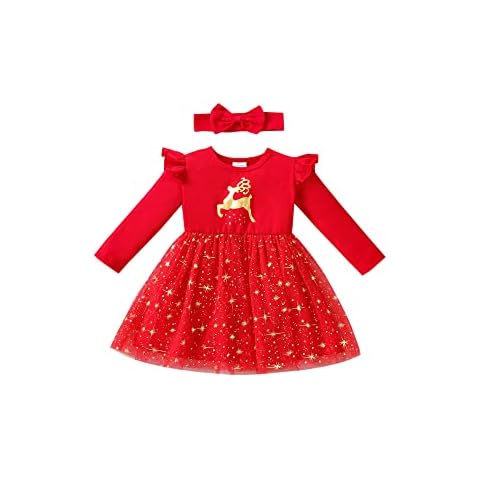 Achlibe Baby Girls Christmas Dress Elk Print Princess Dress Tutu Party Dresses Playwear with Headband (Red, 3T) Cover
