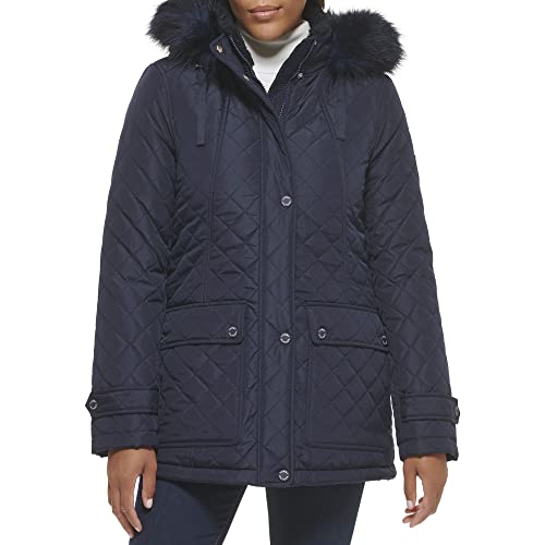 Tommy Hilfiger Women's Faux Fur Trimmed Quilted Jacket Navy X-Large