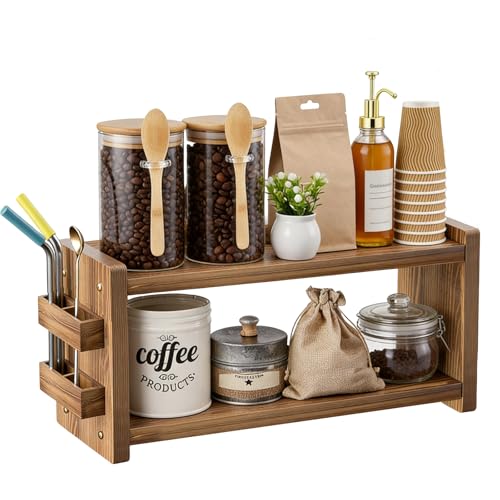 chilinii Solid Wood Coffee and Matcha Station Organizer - Farmhouse 2 Tier Shelf with Straw Holder for Matcha, Pods, Sugar, Tea, Cups, Stirrers, Mugs Storage for Home Kitchen Countertop