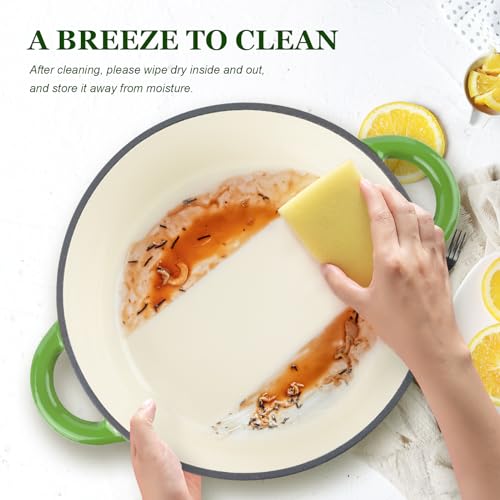 Overmont 28cm/6.6L Enamelled Cast Iron Round Casserole Pot With Lid Cookbook & Cotton Potholders - Non-stick Dutch Oven Cookware for Braising, Stews, Roasting, Bread Baking - Forest green, 7QT