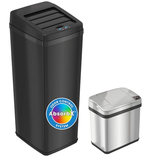 iTouchless 14 Gallon and 2.5 Gallon Sensor Trash Cans with AbsorbX Odor Control System, Stainless Steel, Kitchen and Bathroom Automatic Garbage Bins, Combo, Silver 2 Gal + Black 14 Gal by iTouchless - Used condition - US$59.40