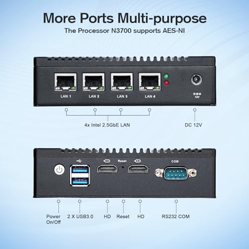 Image of Fanless Firewall Appliance Intel N3710 4C /4T, Firewall Mini PC 4 x Intel i226 LAN Ports DDR3 SSD, Network Gateway Soft Router, Support P-F-Sense AES NI HD /VGA /Wi-Fi (8G 64G)