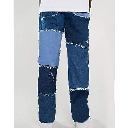 JEShifangjiusu Mens Patchwork Contrast Color Regular Fit Flex Jean Color Block Patched Skate Jeans Loose Casual Denim Trouser2