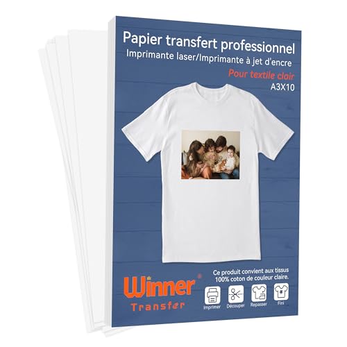 WinnerTransfer A3 x 10 feuilles Papier transfert professionnelle pour textile blanc et clair, compatible imprimante jet d'encre et laser, impression non miroir (FR-WT-2-6.0-10-A3)