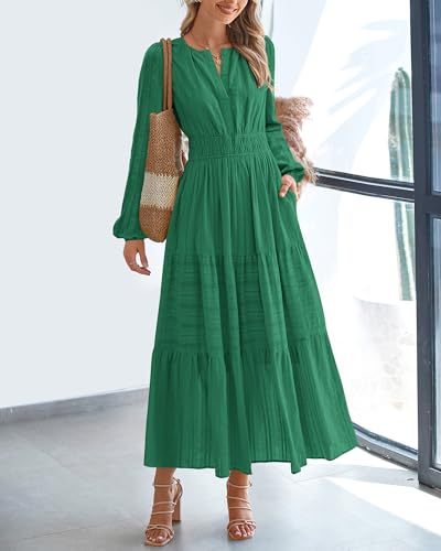 BTFBM Fall Dresses for Women 2025 Casual Long Sleeve V Neck Elastic Waist Lightweight Maxi Wedding Guest Dress Pockets