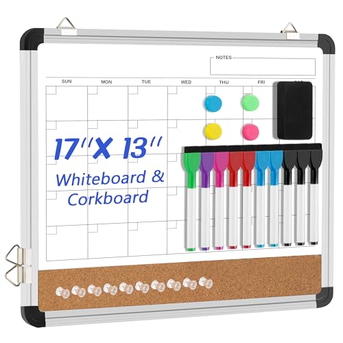 VUSIGN Dry Erase Calendar Whiteboard for Wall, 17'' x13'' Magnetic Whiteboard Cork Board Combo, Small Monthly White Board with Marker, Eraser & Push Pins in Home Office Kitchen School Planner