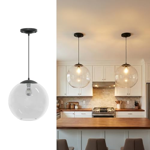 Image of KASTLITE 12 inch Acrylic Globe Pendant Light Fixture, 8W 3000K Filament LED Bulb, Ceiling Mount - Kitchen Pendant Lighting Over Island, Hanging Dining Light, Living Room Lamp - Clear Shade, Black Base